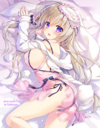 Rule 34 | 1girl, :d, ameto yuki, animal ears, arm up, artist name, ass, babydoll, bare shoulders, bed sheet, blush, breasts, butt crack, commentary request, fingernails, frills, hair between eyes, hand up, heart, highres, hood, hood down, hooded jacket, jacket, large breasts, light brown hair, long hair, long sleeves, looking at viewer, looking to the side, lying, mask, mask on head, on side, open clothes, open jacket, open mouth, original, panties, pink babydoll, purple eyes, purple panties, rabbit ears, rabbit girl, rabbit tail, see-through, side-tie panties, sleep mask, sleeves past wrists, smile, solo, strap slip, tail, underwear, very long hair, white jacket