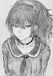 Rule 34 | 132 (bb32768), 1girl, asahina mafuyu, chinese commentary, choker, closed mouth, commentary request, greyscale, hair over shoulder, highres, long hair, looking at viewer, monochrome, neckerchief, ponytail, project sekai, solo, upper body