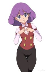 Rule 34 | 1girl, bow, bowtie, burgundy (pokemon), buttons, creatures (company), curly hair, eyebrows visible through, game freak, heart, heart hands, kijouyu, long sleeves, looking at viewer, nintendo, pants, pokemon, pokemon (anime), pokemon bw (anime), pokemon connoisseur, pokemon sommelier, purple eyes, purple hair, red vest, short hair, simple background, smile, standing, traditional bowtie, vest