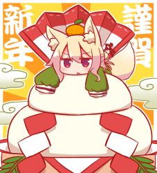 Rule 34 | 1girl, :o, animal ear fluff, animal ears, blonde hair, blush, commentary request, food, food on head, fox ears, fox girl, fox tail, fruit, green shirt, hair between eyes, in food, kagami mochi, kemomimi-chan (naga u), long sleeves, looking at viewer, lying, mandarin orange, naga u, object on head, on head, on stomach, original, parted lips, red eyes, shirt, sidelocks, sleeves past fingers, sleeves past wrists, solo, sunburst, tail, translation request, v-shaped eyebrows