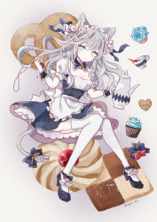 Rule 34 | 1girl, animal ears, apron, blue eyes, cat ears, cat girl, cat tail, cookie, cupcake, detached collar, food, frills, grey hair, long hair, maid, maid apron, maid headdress, mary janes, myaco9, original, shoes, solo, tail, teapot, thighhighs, waist apron, wrist cuffs