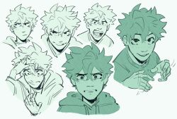 Rule 34 | 1boy, boku no hero academia, closed mouth, commentary, cropped torso, english commentary, expressions, freckles, green theme, habkart, hair between eyes, hand on own head, highres, hood, hood down, hoodie, looking at viewer, male focus, midoriya izuku, monochrome, multiple views, open mouth, short hair, simple background, sketch, smile, teeth, upper body, white background