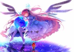 Rule 34 | 10s, 1girl, bow, copyright name, dress, earth (planet), gloves, hair bow, highres, kaname madoka, karlwolf, long hair, magical girl, mahou shoujo madoka magica, mahou shoujo madoka magica (anime), pink hair, planet, revision, solo, soul gem, spoilers, twintails, two side up, ultimate madoka, wings, yellow eyes