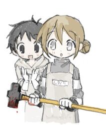 Rule 34 | 1boy, 1girl, :o, apron, behind another, black eyes, black sweater, blood, blood on gloves, bloody weapon, brown hair, clapping, cropped legs, fuji misato, gloves, grey apron, grey eyes, hair bun, hammer, hands up, highres, hitonatz, holding, holding hammer, hood, hood down, kuroshio current, long sleeves, looking at viewer, raised eyebrows, shiori (kuroshio current), short hair, simple background, single side bun, sledgehammer, smile, striped sleeves, sweater, translation request, turtleneck, weapon, white background, white gloves
