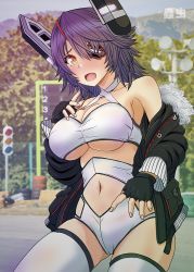 Rule 34 | 1girl, alternate costume, artist logo, black jacket, breasts, clothing cutout, commentary request, cowboy shot, day, eyepatch, fur-trimmed jacket, fur trim, headgear, index finger raised, jacket, kantai collection, large breasts, looking at viewer, mushi mushi ex, navel, navel cutout, off shoulder, outdoors, photo background, purple hair, race queen, short hair, short shorts, shorts, solo, tenryuu (kancolle), thighhighs, traffic light, white shorts, white thighhighs, yellow eyes