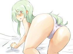 Rule 34 | 1girl, all fours, anzai romi, ass, bed sheet, blush, commentary, eyes visible through hair, from behind, girls und panzer, green hair, jinguu (4839ms), long hair, looking at viewer, looking back, on bed, open mouth, panties, red eyes, solo, underwear, white background, white panties