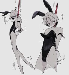 Rule 34 | 1boy, animal ears, bare legs, blush, bound, bound legs, bound wrists, cum, cum in mouth, cum on body, fucafucamold, full-face blush, hanging, highres, leotard, male focus, male playboy bunny, nipples, open mouth, original, playboy bunny, rabbit ears, rabbit tail, solo focus, tail, tears, tongue, tongue out, trap, white background