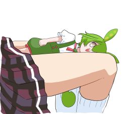 Rule 34 | 2girls, :3, alternate eye color, between legs, brooch, clenched hands, commentary request, cropped legs, green hair, green shorts, jewelry, kasukabe tsumugi, kneehighs, long hair, looking at viewer, lower body, mini person, minigirl, multiple girls, neck ribbon, open mouth, plaid, plaid skirt, pleated skirt, ponytail, puffy shorts, purple skirt, ribbon, shiino (shi no q), shirt, shirt tucked in, shorts, simple background, size difference, skirt, socks, solo focus, stuck, voicevox, white background, white eyes, white shirt, white socks, zundamon