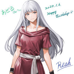 Rule 34 | 1girl, 2024, ancient ys vanished, arms at sides, breasts, character name, collarbone, dated, dress, grey eyes, grey hair, highres, long hair, medium breasts, minamoto80486, parted lips, reah (ys), red dress, sash, short sleeves, simple background, smile, solo, white background, white sash, ys