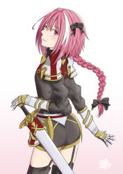 Rule 34 | 1boy, artist request, ass, astolfo (fate), black thighhighs, blush, braid, fate/apocrypha, fate (series), garter straps, gauntlets, hair ribbon, highres, long hair, looking at viewer, male focus, multicolored hair, pink hair, pointing, pointing at self, purple eyes, ribbon, sheath, sheathed, single braid, smile, solo, streaked hair, sword, thighhighs, trap, weapon