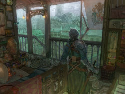 Rule 34 | 1boy, armor, balcony, belt, braid, city, flag, from behind, gauntlets, indoors, jewelry, lantern, lights, male focus, medieval, mountain, munashichi, original, scabbard, scenery, sheath, shield, shoulder armor, silver hair, solo, pauldrons, stairs, sword, table, tree, weapon, window