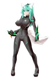 Rule 34 | 1girl, absurdres, animal ears, blue eyes, blush, bodysuit, boots, bracer, breasts, cameltoe, clenched hands, closed mouth, commentary request, covered erect nipples, covered navel, full body, gem, green hair, highres, jewelry, large breasts, legs apart, long hair, looking at viewer, minarai tenna, original, ponytail, serious, solo, standing, tail, v-shaped eyebrows