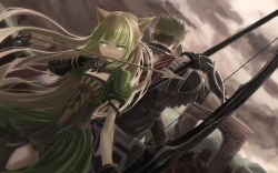 Rule 34 | 1boy, 1girl, achilles (fate), animal ears, armor, arrow (projectile), atalanta (fate), blonde hair, bow (weapon), cat ears, fate/apocrypha, fate (series), green eyes, green hair, highres, holding, holding weapon, manly, mouth hold, mukade (siieregannsu), multicolored hair, polearm, spear, thighhighs, two-tone hair, weapon