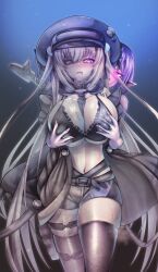 Rule 34 | blonde hair, bra, breasts, choker, cleavage, crying, grabbing, grabbing another&#039;s breast, grabbing from behind, groping breast, hat, jacket, large breasts, navel, neck pillow, necktie, nipple push, nipple stimulation, open mouth, petrification, shorts, sword, tears, thighhighs, thighs, twintails, underwear, weapon, yuri