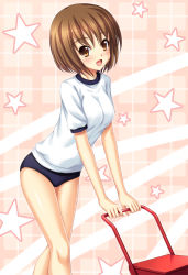 Rule 34 | 1girl, :d, bad id, bad pixiv id, blue buruma, blush, breasts, brown eyes, brown hair, buruma, feet out of frame, from side, gym shirt, gym uniform, highres, line marker, looking at viewer, looking to the side, open mouth, original, pink background, plaid, plaid background, pushing, shirt, short hair, short sleeves, smile, solo, standing, star (symbol), starry background, tomifumi, white shirt