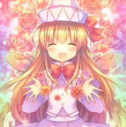 Rule 34 | 1girl, ^ ^, blonde hair, bow, bug, butterfly, closed eyes, coa (chroo x), fairy wings, flower, hat, hat bow, insect, lily white, long hair, open hands, open mouth, smile, solo, sparkle, touhou, very long hair, wings