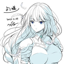 Rule 34 | 1girl, armor, braid, breasts, closed mouth, dated, feathers, highres, kuroe (sugarberry), large breasts, lenneth valkyrie, long hair, monochrome, shoulder armor, simple background, solo, valkyrie profile (series), very long hair, white background
