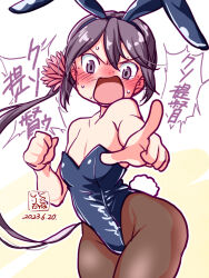 Rule 34 | 1girl, akebono (kancolle), alternate costume, angry, animal ears, artist logo, bare shoulders, black leotard, breasts, brown pantyhose, cowboy shot, dated, flower, hair flower, hair ornament, kantai collection, kutone shirika, leotard, long hair, looking at viewer, open mouth, pantyhose, playboy bunny, purple eyes, purple hair, rabbit ears, rabbit tail, shitty admiral (phrase), side ponytail, small breasts, solo, strapless, strapless leotard, tail, very long hair, white background, wrist cuffs
