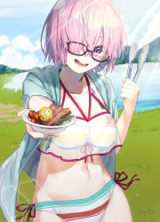 Rule 34 | 1girl, :d, arm up, bare shoulders, bikini, blue shirt, board game, bowl, breasts, cleavage, cloud, collarbone, corn, cowboy shot, dress shirt, fate/grand order, fate (series), food, fuyuhi tsukika, glasses, glasses over hair, go (board game), grass, hair over eyes, hair over one eye, highres, holding, lake, large breasts, light purple hair, looking at viewer, mash kyrielight, mash kyrielight (swimsuit of perpetual summer ver.02), mountain, navel, official alternate costume, open mouth, purple eyes, rainbow bikini, see-through, shirt, short hair, signature, sky, smile, solo, steak, striped bikini, striped clothes, sunlight, swimsuit, teeth, tomato, tongs, unbuttoned, unbuttoned shirt