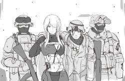 Rule 34 | 1girl, 3boys, ak-15 (girls&#039; frontline), android, arm on another&#039;s shoulder, assault rifle, balaclava, blood, breasts, bullet hole, commentary, damaged, deep wound, english commentary, expressionless, girls&#039; frontline, gun, hair over one eye, helmet, injury, large breasts, leaning on person, long hair, mask, mechanical parts, monochrome, multiple boys, rifle, selby, sidelocks, soldier, very long hair, weapon