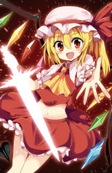 Rule 34 | 1girl, ascot, blonde hair, blush, fang, flandre scarlet, hat, highres, looking at viewer, maturiuta sorato, midriff, navel, open mouth, outstretched hand, red eyes, side ponytail, skirt, smile, solo, touhou, wings, wrist cuffs