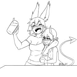 Rule 34 | 2girls, alcohol, animal ears, arm around neck, bare arms, bare shoulders, beer, beer mug, blush, breast envy, breasts, rabbit ears, cleavage, commentary, cup, demon girl, demon horns, demon tail, drinking glass, drunk, english commentary, closed eyes, greyscale, highres, holding, horns, large breasts, li (rob ishi), monochrome, mug, multiple girls, open mouth, original, pants, pointy ears, rob ishi, shirt, short hair, sleeveless, sleeveless shirt, smile, tail, tank top, tracie (rob ishi), twitter username