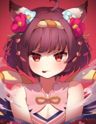 Rule 34 | 1girl, ahoge, animal ears, bare shoulders, bow, breasts, brown eyes, brown hair, cleavage, closed mouth, dlstjekt, flower, hair flower, hair ornament, hairband, highres, ichihime, japanese clothes, kimono, looking at viewer, mahjong soul, portrait, red background, rope, shimenawa, short hair, sleeveless, small breasts, solo, tongue, tongue out