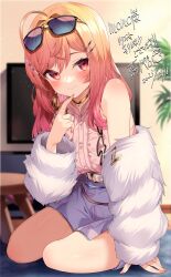 Rule 34 | 1girl, ahoge, bare shoulders, belt, blush, closed mouth, coat, earrings, eyewear on head, finger to mouth, frilled shirt, frills, fur coat, gradient hair, hairpin, highres, hololive, hololive dev is, ichijou ririka, indoors, jewelry, jun (aousa0328), kneeling, long hair, looking at viewer, miniskirt, multicolored hair, multiple hairpins, open clothes, open coat, orange eyes, orange hair, pink shirt, purple skirt, shirt, skirt, solo, sunglasses, virtual youtuber, white belt