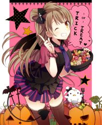 Rule 34 | 10s, 1girl, ;d, a (riduass023), bat wings, bird, blush, bow, breasts, brown hair, candy, cowboy shot, cross hair ornament, english text, food, hair bow, hair ornament, halloween, halloween costume, happy, heart, heart tail, holding, jack-o&#039;-lantern, lollipop, long hair, looking at viewer, love live!, love live! school idol festival, love live! school idol project, medium breasts, minami kotori, minami kotori (bird), necktie, one eye closed, one side up, open mouth, pointing, pointing up, pumpkin, purple necktie, side ponytail, smile, solo, star (symbol), tail, thighhighs, trick or treat, wings, yellow eyes, yimu, zettai ryouiki