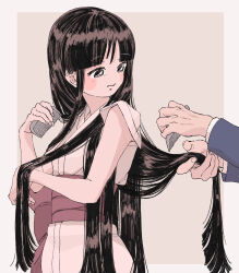 Rule 34 | 1boy, 1girl, ace attorney, alternate hairstyle, black eyes, black hair, blunt bangs, brushing another&#039;s hair, brushing hair, closed mouth, comb, hair down, highres, holding, holding another&#039;s hair, holding comb, japanese clothes, kimono, long hair, long sleeves, looking to the side, maya fey, obi, omen hohoho, phoenix wright, pink sash, sash, solo focus, upper body, white kimono