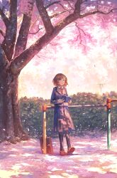 Rule 34 | 1girl, bag, black jacket, black skirt, black thighhighs, blazer, blush, book, brown eyes, brown footwear, brown hair, cherry blossoms, collared shirt, fjsmu, full body, highres, holding, holding book, jacket, long sleeves, necktie, open book, open mouth, original, petals, pleated skirt, red necktie, scenery, shirt, shoes, short hair, skirt, solo, standing, thighhighs, tree, white shirt