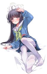 Rule 34 | 1girl, ahoge, animal ears, arm up, black hair, blue archive, blue shirt, blue skirt, blush, fake animal ears, feet, gau (n00 shi), halo, hand on own head, highres, leaning back, legs, long hair, looking at viewer, miyu (blue archive), no shoes, open mouth, pantyhose, pleated skirt, rabbit ears, red eyes, school uniform, serafuku, shirt, sitting, skirt, soles, solo, thighs, toes, white pantyhose