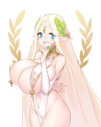 Rule 34 | 1girl, absurdres, areola slip, bad id, bad pixiv id, blonde hair, blue eyes, blush, breasts, bridal gauntlets, cerestia of life, circlet, clothing cutout, dress, elf, gloves, hair between eyes, highres, huge breasts, kbn317, last origin, long hair, navel, navel cutout, open mouth, pelvic curtain, pointy ears, simple background, smile, solo, very long hair, white background, white gloves