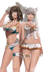 Rule 34 | 2girls, alternate costume, alternate hair length, alternate hairstyle, animal ears, bare shoulders, bikini, blue eyes, blush, breast tattoo, breasts, brown hair, cat ears, chest jewel, cleavage, eunie (xenoblade), head wings, highres, j@ck, large breasts, long hair, looking at viewer, medium hair, midriff, mio (xenoblade), multiple girls, navel, official alternate hairstyle, open mouth, simple background, skirt, small breasts, smile, stomach, swimsuit, tattoo, thigh strap, white hair, wings, xenoblade chronicles (series), xenoblade chronicles 3, yellow eyes