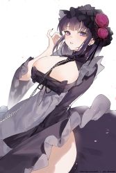 Rule 34 | 1girl, absurdres, apron, black dress, breasts, chain, chain leash, cowboy shot, dress, flower, grey apron, hair flower, hair ornament, hand up, highres, kitere, kuroe shizuku, large breasts, leash, looking at viewer, parted lips, purple hair, red flower, red rose, rose, short hair, simple background, solo, sono bisque doll wa koi wo suru, standing, twitter username, waist apron, white background