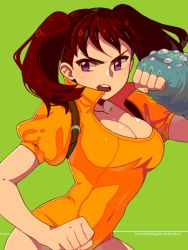 Rule 34 | 1girl, blush, breasts, brown hair, cleavage, diane (nanatsu no taizai), fighting stance, large breasts, leotard, nanatsu no taizai, open mouth, purple eyes, solo, twintails