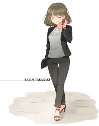 Rule 34 | 10s, 1girl, absurdres, black footwear, black pants, black suit, breasts, brown hair, carrying, character name, closed eyes, closed mouth, collarbone, commentary, earrings, formal, full body, grey shirt, hand in own hair, high heels, highres, idolmaster, idolmaster cinderella girls, jewelry, kamille (vcx68), long sleeves, medium breasts, mole, mole under eye, necklace, no legwear, pants, sandals, shirt, shoes, short hair, solo, standing, suit, takagaki kaede, white background, wristband