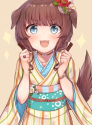 Rule 34 | 1girl, 2018, :3, :d, absurdres, animal ears, bad id, bad pixiv id, blue eyes, blush, bone, bracelet, brown choker, brown hair, choker, clenched hands, commentary request, dog ears, dog tail, flower, hair flower, hair ornament, heart, highres, japanese clothes, jewelry, kimono, koretsuna, long hair, looking at viewer, multicolored stripes, open mouth, original, ring, smile, solo, standing, striped clothes, striped kimono, tail, upper body, v-shaped eyebrows, vertical stripes