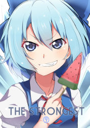 Rule 34 | 1girl, ahoge, ataririri, blue dress, blue eyes, blue hair, bow, circled 9, cirno, dress, food, grin, hair bow, highres, ice, ice wings, looking at viewer, matching hair/eyes, popsicle, portrait, puffy short sleeves, puffy sleeves, red ribbon, ribbon, short hair, short sleeves, smile, solo, touhou, upper body, watermelon bar, wings