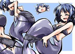 Rule 34 | 1girl, black bra, black panties, blue eyes, blue hair, blush, bra, breasts, cleavage, fins, head fins, hemogurobin a1c, lace, lace-trimmed bra, lace-trimmed panties, lace trim, matching hair/eyes, mermaid, monster girl, panties, panty pull, short hair, smile, solo, touhou, underwear, underwear only, wakasagihime