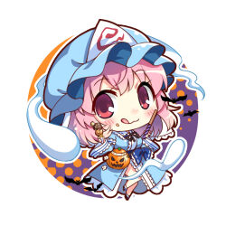 Rule 34 | 1girl, bat (animal), blue hat, blue kimono, chibi, closed mouth, commentary request, frilled kimono, frills, full body, ghost, hat, jack-o&#039;-lantern, japanese clothes, kapuchii, kimono, looking at viewer, mob cap, pink hair, red eyes, saigyouji yuyuko, short hair, solo, tongue, tongue out, touhou, triangular headpiece