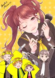 Rule 34 | 2boys, 3girls, absurdres, arm up, arms up, black jacket, black shirt, brown hair, closed eyes, closed mouth, doujima nanako, earrings, eyelashes, glowstick, grey hair, hanamura yousuke, highres, holding, holding microphone, jacket, jewelry, kujikawa rise, long hair, long sleeves, looking at viewer, medium hair, microphone, multiple boys, multiple girls, narukami yuu, neckerchief, one eye closed, open clothes, open jacket, orange hair, persona, persona 4, pointing, pointing up, satonaka chie, school uniform, shirt, short hair, stud earrings, tiritumo mt, twintails, wide sleeves, yellow background, yellow neckerchief