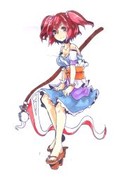 Rule 34 | 1girl, absurdres, alternate weapon, asawa ei, bare shoulders, breasts, cleavage, female focus, geta, hair bobbles, hair ornament, highres, medium breasts, onozuka komachi, red eyes, red hair, scythe, smile, solo, touhou, traditional media, twintails, two side up, weapon, white background