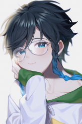 Rule 34 | 1boy, absurdres, androgynous, bespectacled, black hair, blue hair, braid, closed mouth, collarbone, commentary, genshin impact, glasses, gradient hair, green eyes, hand on own cheek, hand on own face, highres, hood, hood down, hoodie, huge filesize, kkopoli, long sleeves, looking at viewer, male focus, multicolored hair, short hair with long locks, simple background, smile, solo, symbol-only commentary, twin braids, venti (genshin impact), white background