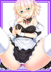 Rule 34 | 1girl, alternate costume, apron, black dress, blonde hair, blush, grabbing another&#039;s breast, breasts, dress, ebi 193, enmaided, grabbing, green eyes, looking at viewer, maid, maid apron, mizuhashi parsee, open mouth, panties, pointy ears, pussy juice, solo, spread legs, thighhighs, touhou, underwear, waist apron, white thighhighs