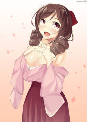 Rule 34 | 10s, 1girl, bad id, bad pixiv id, bare shoulders, blush, breasts, brown eyes, brown hair, cleavage, drill hair, hakama, hakama skirt, harukaze (kancolle), japanese clothes, kankitsunabe (citrus), kantai collection, kimono, large breasts, long hair, meiji schoolgirl uniform, open mouth, red eyes, skirt, smile, solo, twin drills