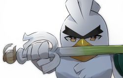 Rule 34 | a-kiraa (whisper), animal focus, bird, brown eyes, creatures (company), duck, final fantasy, final fantasy ii, game freak, gen 8 pokemon, highres, holding, holding weapon, nintendo, no humans, pokemon, pokemon (creature), pokemon swsh, simple background, sirfetch&#039;d, solo, spring onion, thick eyebrows, unibrow, upper body, v-shaped eyebrows, weapon, white background