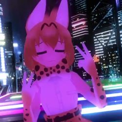 Rule 34 | 1girl, 3d, = =, animal ears, animated, audible music, bow, bowtie, city, dancing, double v, closed eyes, kemono friends, video, rooftop, serval (kemono friends), shirt, skirt, solo, sound, tail, v, virtual youtuber, yogurt cap