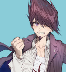 Rule 34 | 1boy, ;d, beard, blue background, blush, clenched hand, collarbone, collared shirt, danganronpa (series), danganronpa v3: killing harmony, dress shirt, facial hair, grin, jacket, long sleeves, looking at viewer, male focus, momota kaito, nose blush, one eye closed, open clothes, open jacket, open mouth, purple eyes, purple hair, purple jacket, shirt, simple background, smile, solo, spiked hair, t-shirt, teeth, unbuttoned, unbuttoned shirt, upper body, v-shaped eyebrows, white shirt, wing collar, zuizi