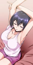 Rule 34 | 10s, 1girl, armpits, arms up, black hair, breasts, cleavage, closed eyes, female focus, gradient background, joukamachi no dandelion, jpeg artifacts, large breasts, open mouth, parted lips, sakurada kanade, short hair, shorts, sitting, solo, tomohiro kai